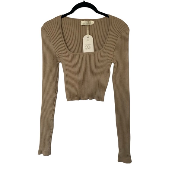 Boutique Tops - Boutique Brand Womens L Ribbed Knit Long Sleeve Crop Top Mocha Tan Beige NWT